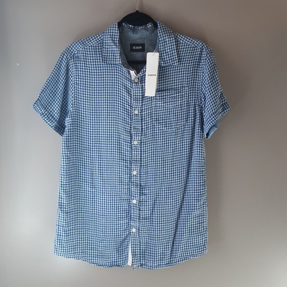 Hudson's Men's New! Saint Blue & White Checked Short Sleeve Button Shirt, Sm